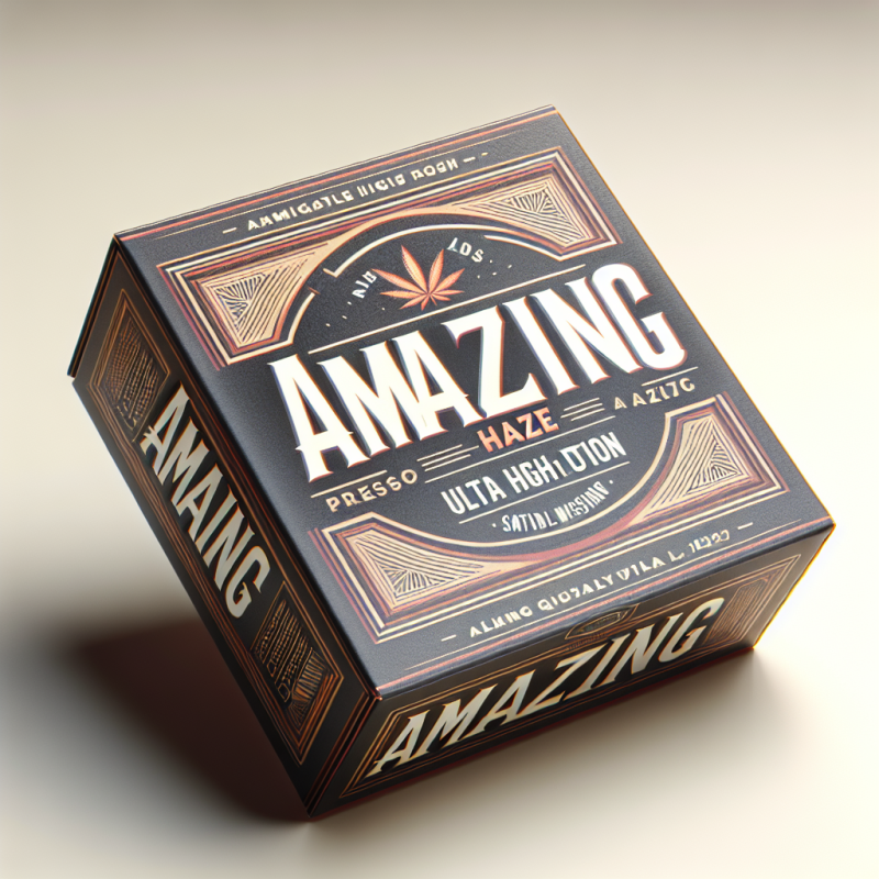Een close-up van een productverpakking met de tekst "Amazing Haze", waarop het iDeal-logo prominent zichtbaar is, tegen een neutrale achtergrond.