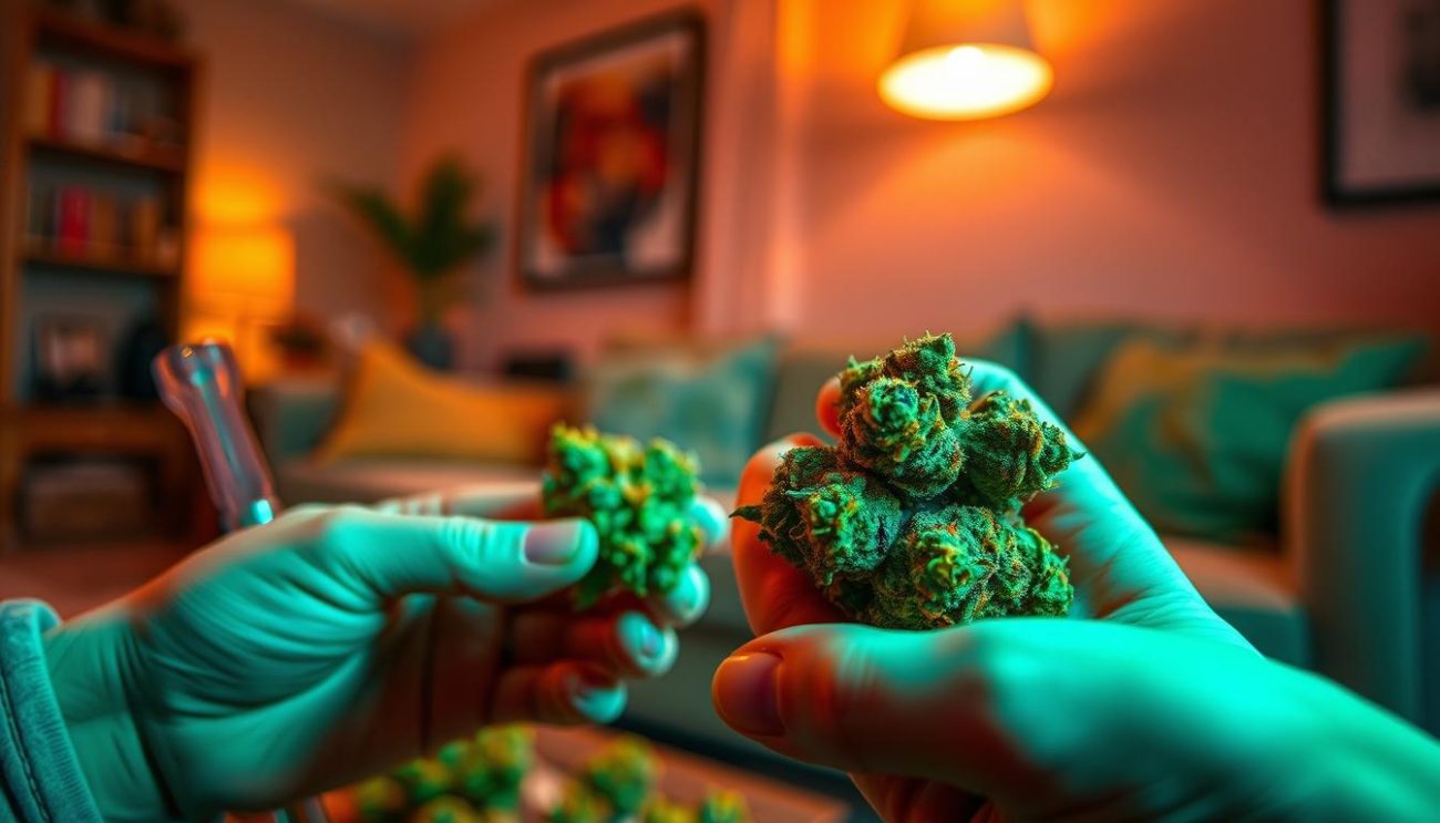 A beautifully lit indoor scene showcasing the proper usage of "Amazing Haze" cannabis product from "Vrije Apotheker". The foreground features a person's hands carefully handling the dried flower buds, examining their vibrant hues and delicate trichomes under soft, diffused lighting. The middle ground shows a glass pipe or vaporizer device, hinting at the various consumption methods. In the background, a cozy living space with warm, earthy tones creates a relaxing ambiance, suggestive of the product's intended use. The overall composition conveys a sense of mindfulness, appreciation, and responsible enjoyment of the "Amazing Haze" weed strain.