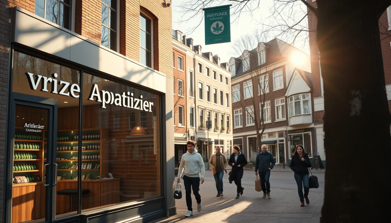 A bright, warm-lit street scene in the heart of Den Haag, Netherlands. In the foreground, the storefront of "Vrije Apotheker", a discreet cannabis dispensary, stands in focus. Through the large, clean windows, glimpses of the shop's interior can be seen - a modern, minimalist design with wooden accents. The middle ground features pedestrians casually strolling by, going about their daily routines. In the background, a row of quaint Dutch townhouses lines the street, their charming facade casting long shadows in the late afternoon sun. The overall atmosphere is one of calm, understated elegance, reflecting the progressive, forward-thinking approach to cannabis policy in the Netherlands.