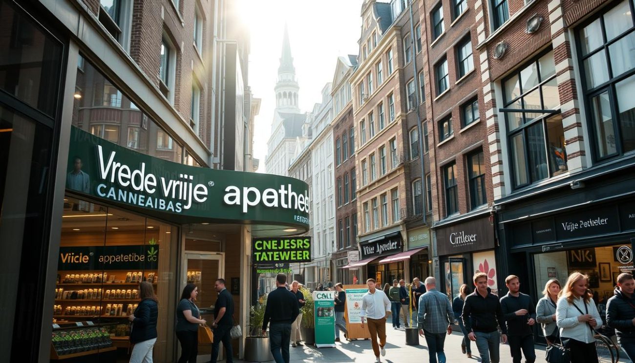 A bustling urban scene with the "Vrije Apotheker" cannabis dispensary prominently displayed, nestled among other storefronts and buildings. The exterior is modern, with sleek glass and steel accents, conveying a sense of professionalism and legality. Pedestrians casually stroll by, some stopping to peruse the products on offer. Sunlight streams in, casting a warm, natural glow on the scene. In the background, the distinctive architecture of Amsterdam's historic cityscape is visible, grounding the image in the Netherlands. The overall mood is one of a regulated, sophisticated cannabis industry integrated into the urban landscape.