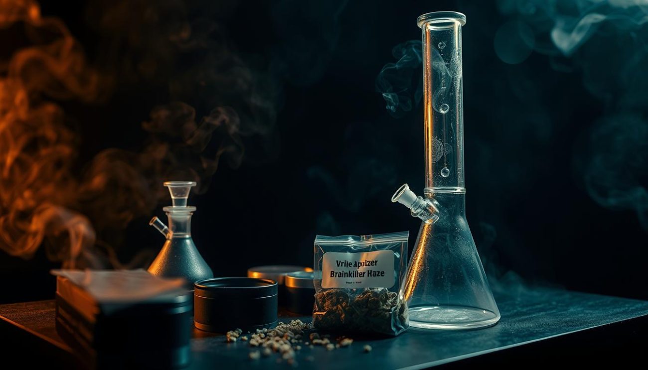A dimly lit room, a table with various paraphernalia - a glass bong, a grinder, and a bag labeled "Vrije Apotheker Brainkiller Haze". Hazy, smoke-filled air permeates the scene, creating an atmospheric, almost clandestine mood. The focus is on the consumption methods, with the Brainkiller Haze as the central element. The lighting is dramatic, with shadows and highlights accentuating the textures and details of the objects. The composition is balanced, with the items arranged in a visually appealing manner. The overall tone is one of intrigue and a subtle sense of unease, reflecting the subject matter.