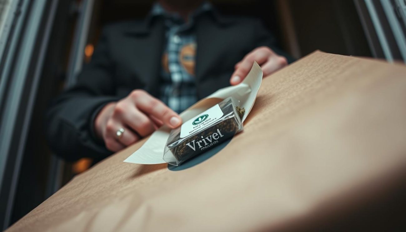 A discreet package arrives at the door, bearing the trusted "Vrije Apotheker" insignia. The soft, muted lighting casts a warm glow, as the recipient carefully unwraps the contents - a neatly packaged, high-quality cannabis product. The scene exudes a sense of professionalism and discretion, with the focus on the item itself, rather than any extraneous details. The camera captures the moment from a low angle, emphasizing the care and attention given to the delivery. The overall atmosphere is one of confidence and satisfaction, reflecting the seamless, reliable service promised by the "Vrije Apotheker" brand.