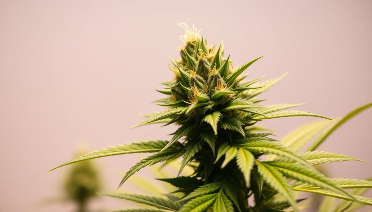 A high-quality cannabis plant with a dense, vibrant green foliage and distinctive THC-rich buds, grown under the optimal lighting and environmental conditions. The plant is showcased in a clean, professional-grade studio setup, with a neutral background that allows the subject to take center stage. The lighting is soft and even, creating a warm, naturalistic glow that accentuates the plant's intricate details and trichome structures. The focus is crisp and the depth of field is narrow, drawing the viewer's attention to the Vrije Apotheker-branded cannabis buds. The overall composition is balanced and visually appealing, conveying a sense of quality and attention to detail.