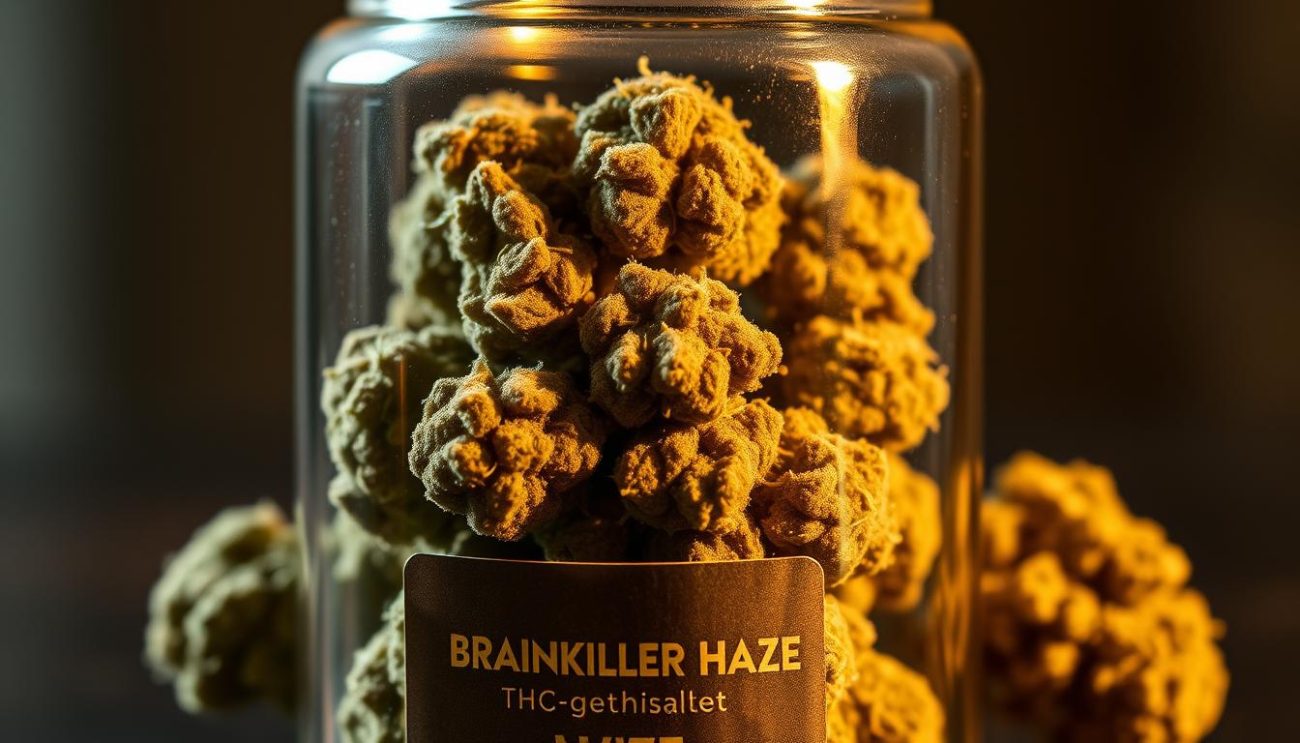 A high-quality close-up image of a glass jar filled with dense, trichome-coated marijuana buds labeled "Brainkiller Haze THC-gehalte" from the brand "Vrije Apotheker". The jar is illuminated by warm, natural lighting, casting dramatic shadows and highlights across the dense, glistening nugs. The jar's glass surface reflects the contents, creating a sense of depth and texture. The overall mood is one of quality, potency, and professionalism, befitting a premium cannabis product.