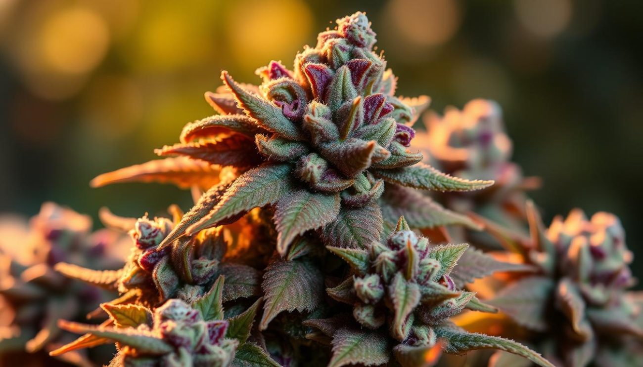 A high-quality collection of rare and exotic cannabis strains, with vibrant hues, densely packed trichomes, and a captivating aroma. The meticulously cultivated "Vrije Apotheker" buds stand out against a softly lit, natural backdrop, showcasing their exceptional potency and clarity. The image captures the essence of the premium Brainkiller Haze, inviting the viewer to discover the ultimate guide to this remarkable strain. Warm, directional lighting accentuates the nuanced textures and glistening resin, creating an alluring, yet informative visual representation of the subject.