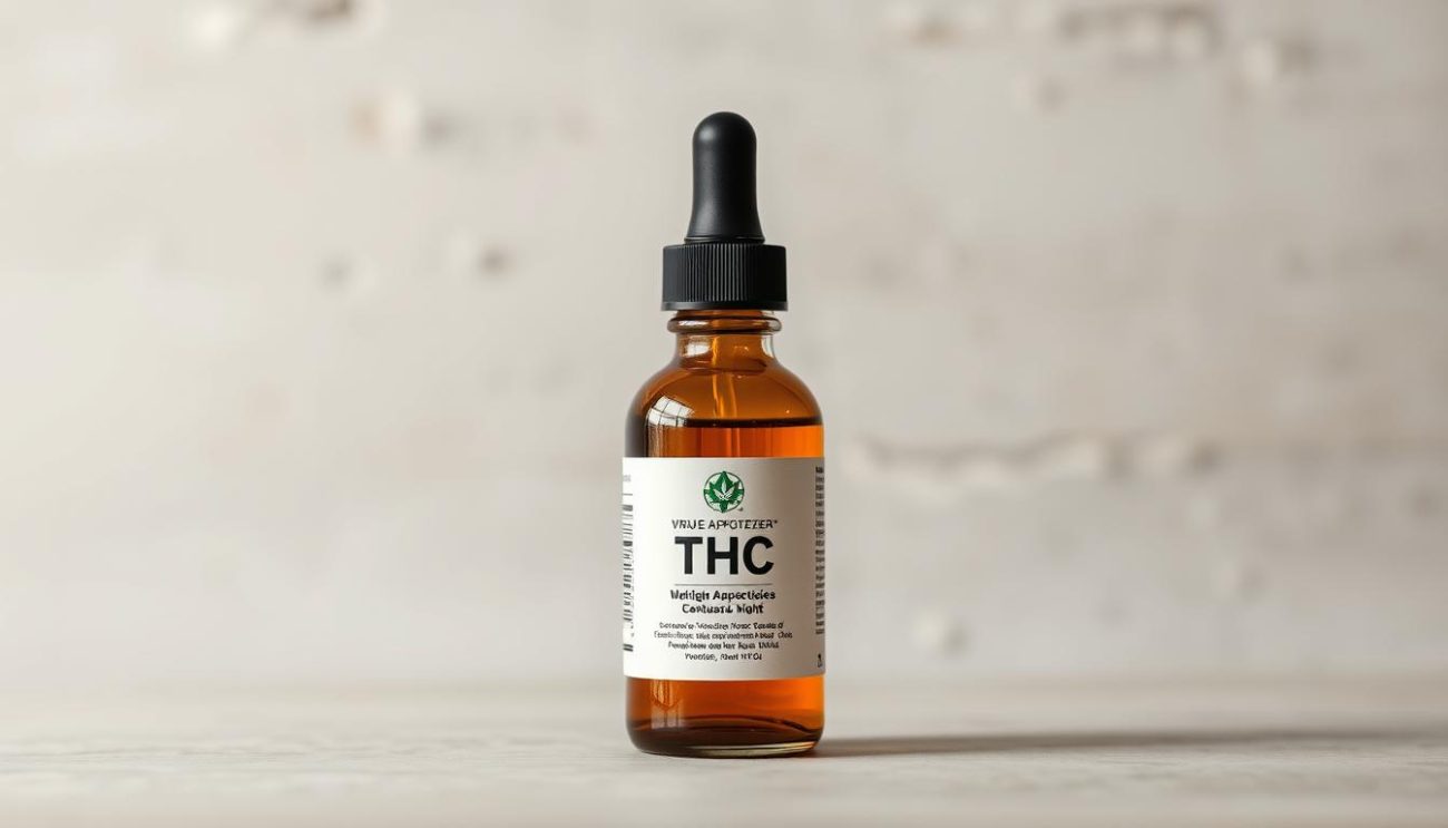 A high-quality still life composition depicting a glass bottle of Vrije Apotheker THC oil against a neutral background. The bottle is positioned in the foreground, capturing the distinctive label and branding. The lighting is soft and natural, emphasizing the amber color and transparency of the oil. The middle ground features a subtle, blurred backdrop, allowing the product to be the focal point. The overall mood is one of quality, professionalism, and trustworthiness, reflecting the reliable medical nature of the Vrije Apotheker brand.