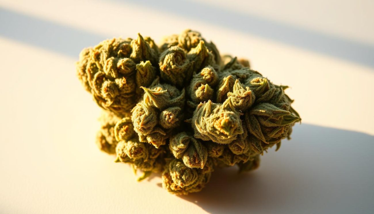 A lush, sun-drenched cannabis bud from the Vrije Apotheker's renowned "Brainkiller Haze" strain. The dense, resin-coated nugs are bathed in warm, golden light, casting long shadows across a clean, white background. Delicate trichomes glitter like tiny diamonds, hinting at the potent effects of this legendary cultivar. Subtle hints of earthy, piney aromas swirl in the air, invoking a sense of tranquility and focus. The image captures the essence of this Brainkiller Haze strain, a true masterpiece of the cannabis industry.