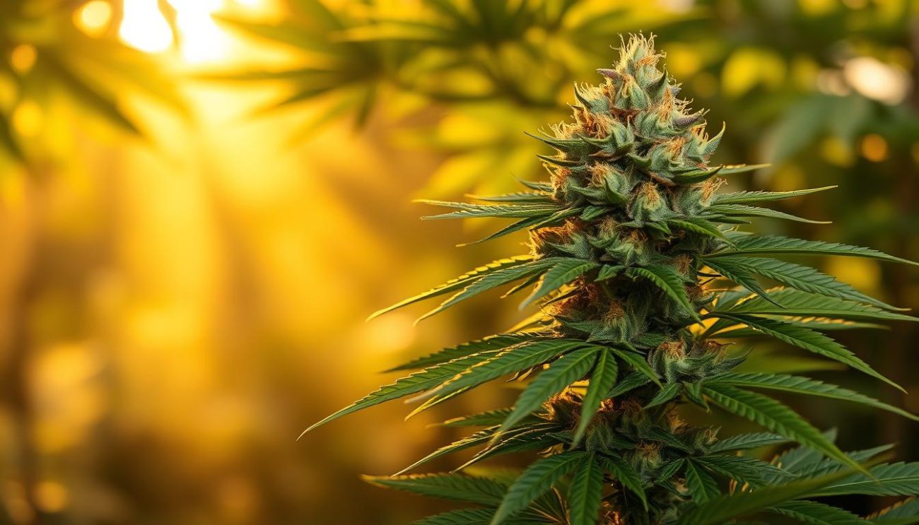 A lush, verdant cannabis plant with large, vibrant buds emitting a rich, earthy aroma. The "Amnesia Molotov" strain, cultivated by the "Vrije Apotheker" brand, stands tall under warm, golden sunlight filtering through a canopy of leaves. The plant's trichomes glisten with sticky resin, promising a potent, sativa-dominant high. In the background, a hazy, softly-focused scene evokes a sense of relaxation and introspection. The image captures the essence of the "Smaak en aroma van Amnesia Molotov" section, showcasing the strain's distinct sensory qualities.