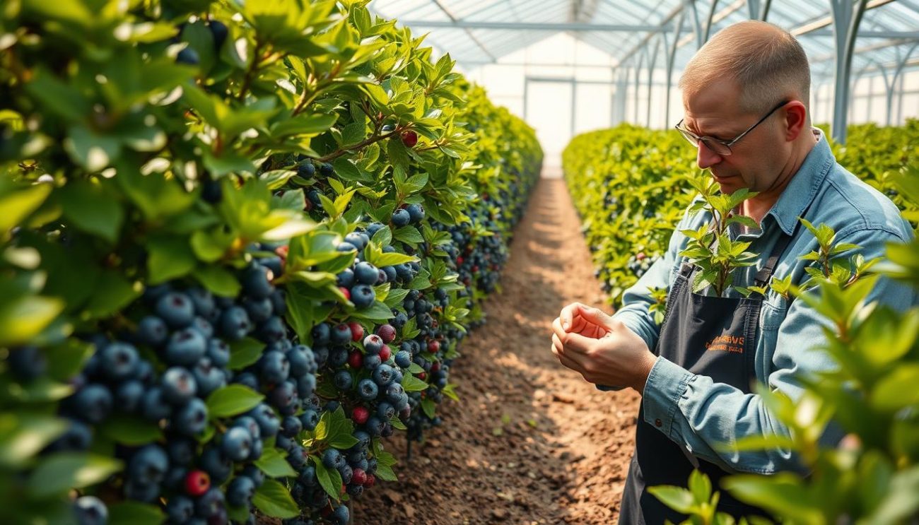 A lush, verdant greenhouse filled with thriving Blueberry plants, their vibrant foliage and plump, ripe berries glistening under the warm, natural light filtering through the glass panels. In the foreground, a skilled horticulturist from "Vrije Apotheker" carefully tends to the plants, examining the leaves and soil with a keen eye. The middle ground showcases the organized rows of Blueberry bushes, each laden with an abundant harvest. In the background, the greenhouse structure rises, its clean, modern design complementing the serene, productive atmosphere. The scene conveys a sense of expertise, dedication, and the pursuit of premium Blueberry cultivation.
