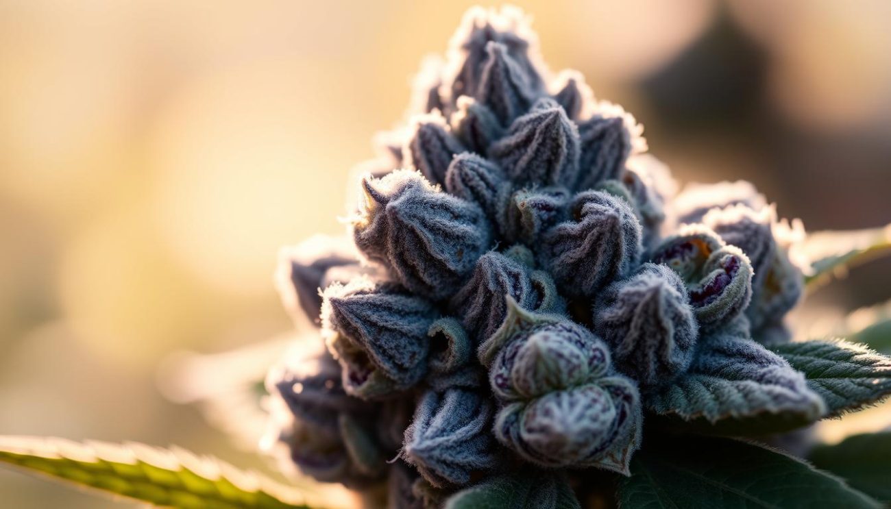 A lush, vibrant close-up of a carefully cultivated bud of Vrije Apotheker's Blueberry OG Kush strain. The dense, frosty nugs are illuminated by soft, warm lighting, revealing their deep indigo hues and glistening trichomes. In the background, a hazy, out-of-focus setting evokes a serene, natural atmosphere. The composition emphasizes the bud's intricate textures and captivating visual appeal, inviting the viewer to appreciate its potential health benefits.