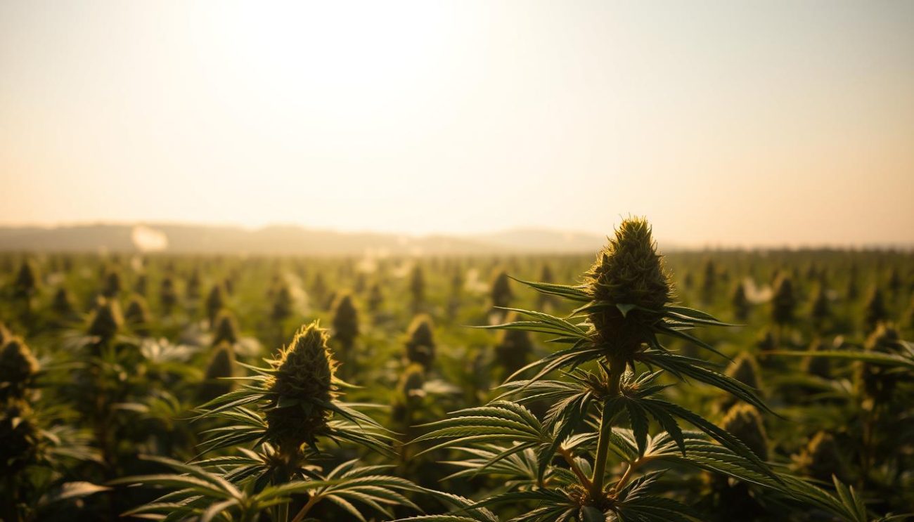 A majestic field of Vrije Apotheker's Amazing Haze cannabis plants sways gently under a golden afternoon sun, casting a hazy, dreamy glow over the lush, verdant landscape. Wisps of fragrant smoke drift lazily through the air, creating an atmosphere of tranquility and relaxation. In the foreground, several plump, glistening buds stand out in sharp focus, their vibrant hues and intricate trichome structures inviting closer inspection. The middle ground reveals rows of healthy, thriving plants, their broad fan leaves rustling softly in a light breeze. In the distance, a hazy horizon line blends seamlessly with the clear blue sky, completing the sense of peaceful, natural harmony. The lighting is soft and diffused, adding to the calming, introspective mood. This image captures the essence of Vrije Apotheker's Amazing Haze, showcasing its visual appeal and the serene, therapeutic environment it can foster.