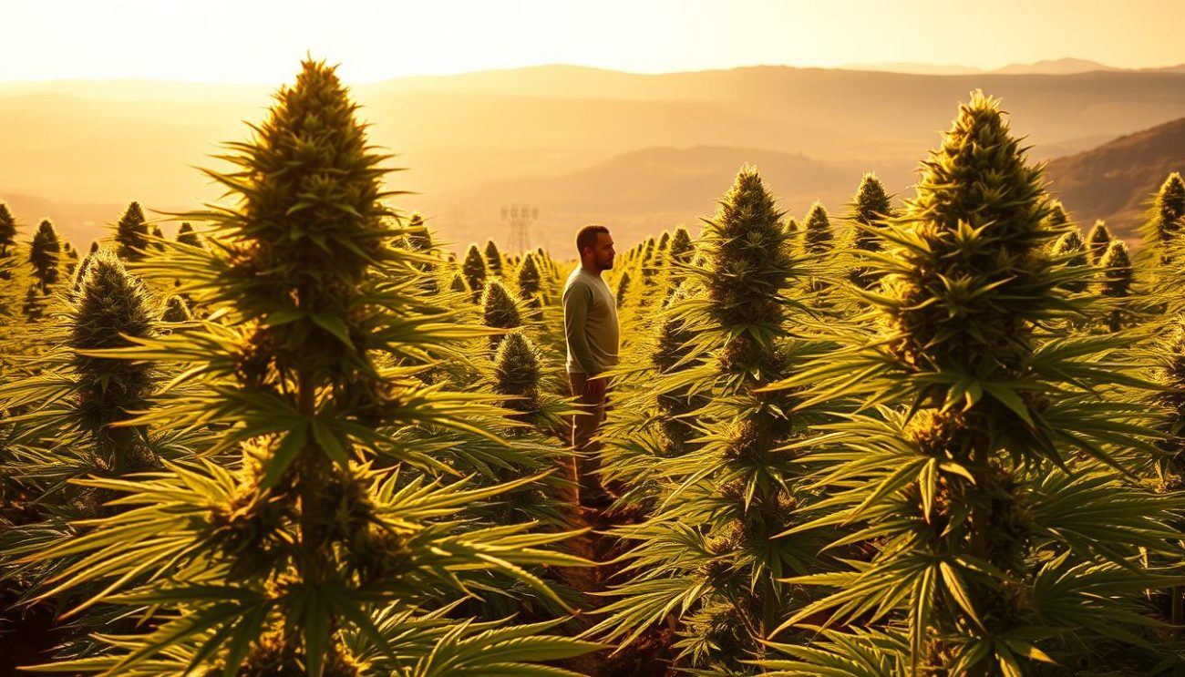 A meticulously cultivated field of lush, vibrant cannabis plants bathed in warm, golden sunlight. The Vrije Apotheker strain "Amazing Haze" stands tall, its thick, resinous buds glistening with trichomes. The plants are arranged in neat rows, their leaves rustling gently in a soft, fragrant breeze. In the middle ground, a skilled cultivator examines the crop, ensuring optimal growth and quality. The background is a serene, hazy landscape, with rolling hills and a cloudless, azure sky. The overall mood is one of tranquility, pride, and the appreciation of nature's bounty.