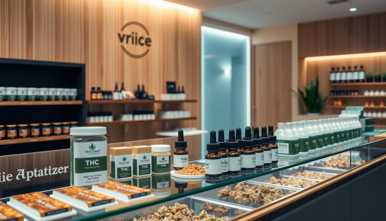 A meticulously designed store interior with a glass display counter showcasing a variety of "Vrije Apotheker" THC products. The lighting is warm and inviting, casting a soft glow over the neatly arranged edibles, tinctures, and flower buds. The background features a minimalist, wood-paneled wall, adding a touch of natural elegance. The overall atmosphere exudes a sense of professionalism and quality, reflecting the care and expertise of the "Vrije Apotheker" brand. The image captures the essence of the section "De Prijzen van Wiet in België" within the article "Wiet Kopen in België: Jouw Ultieme Gids."