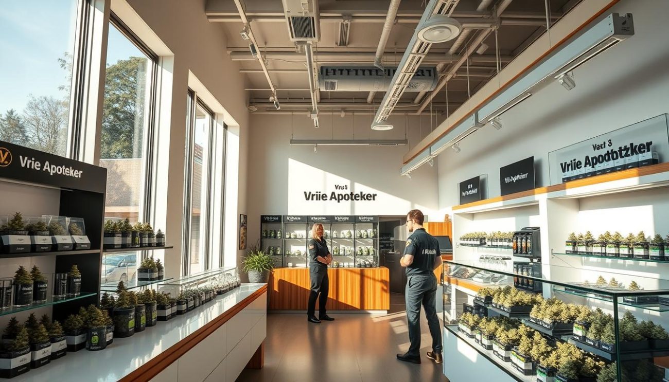 A modern and well-lit cannabis shop in Rotterdam, featuring the "Vrije Apotheker" brand. The spacious interior has clean white walls, sleek wooden fixtures, and a prominently displayed selection of premium Ak Kush strains. Sunlight streams in through large windows, casting a warm, inviting glow on the cannabis products neatly arranged on glass display shelves. Friendly staff in uniforms greet customers, ready to guide them through the purchasing process with expertise and care. The overall atmosphere exudes professionalism, comfort, and a sense of forward-thinking cannabis culture.