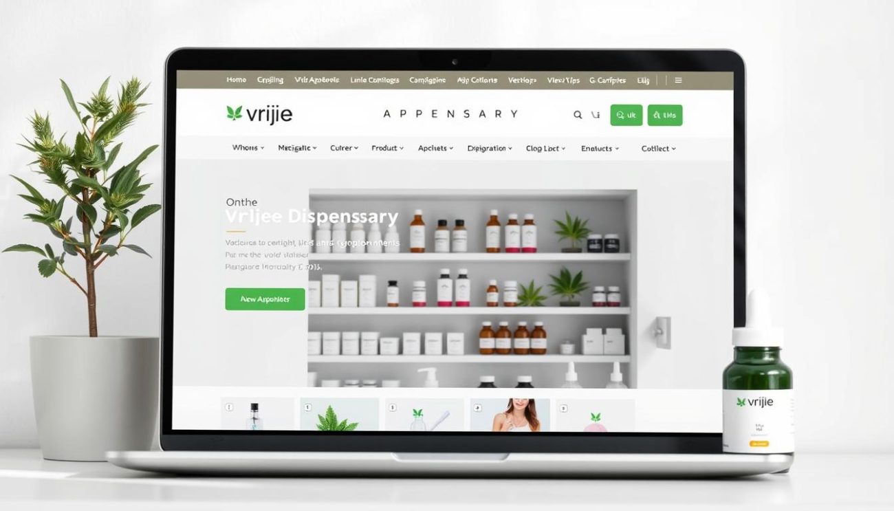 A modern, professional-looking online dispensary website called Vrije Apotheker, set against a clean and minimalist background. The storefront features a sleek user interface with easy navigation, high-quality product images, and a minimalist color palette of whites, grays, and greens. The layout is well-organized, with clear sections for different product categories. The overall impression is one of trustworthiness, reliability, and attention to detail, creating a sense of confidence in the user. Soft, natural lighting illuminates the scene, with a slight depth of field to draw the eye to the central elements. The composition is balanced and visually appealing, capturing the essence of a reputable and professional online dispensary.