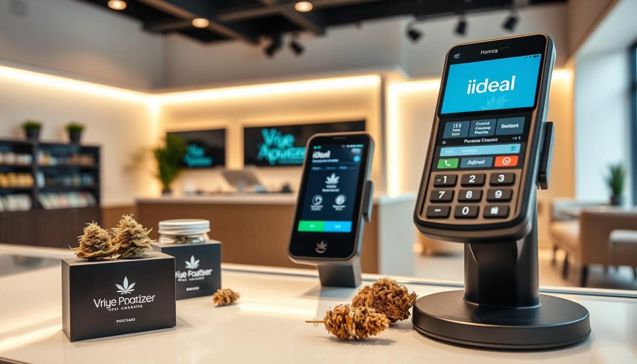A modern, well-lit interior showcasing the "Vrije Apotheker" brand of legal cannabis. In the foreground, a sleek, minimalist display presents various cannabis products, their packaging showcasing the "Vrije Apotheker" logo. The middle ground features a payment terminal, with the iDEAL payment option prominently displayed, highlighting the convenience and security of this transaction method. The background depicts a warm, inviting atmosphere, with soft lighting and clean, contemporary furnishings, conveying a sense of professionalism and trust in the legal cannabis industry.