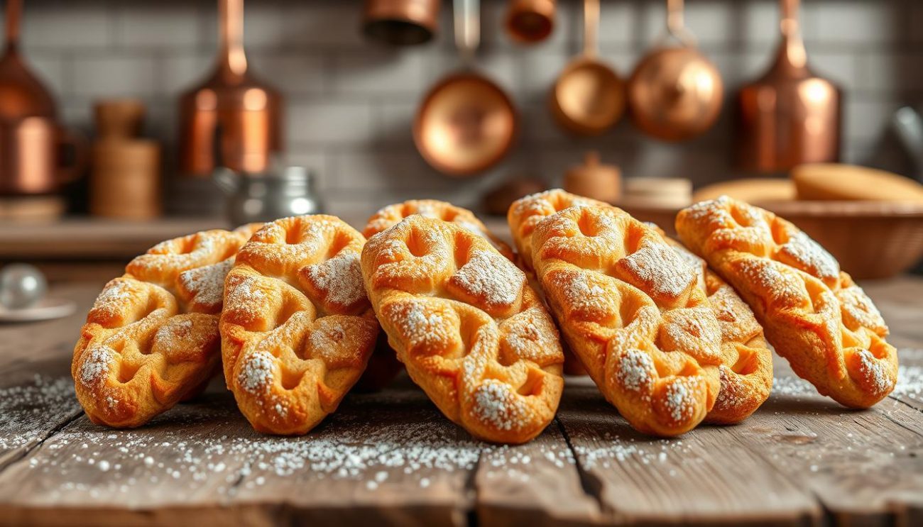 A mouth-watering display of freshly baked "Vrije Apotheker" biscotti, arranged on a rustic wooden table. The biscuits are golden-brown, sprinkled with a dusting of powdered sugar, and emitting a tantalizing aroma. The shot is captured in soft, natural lighting, highlighting the intricate patterns and textures of the biscotti. In the background, a blurred view of a cozy kitchen, with copper pots and pans hanging on the walls, creates a warm, homely atmosphere. The overall composition conveys a sense of quality, craftsmanship, and the comforting familiarity of a traditional baking setting.
