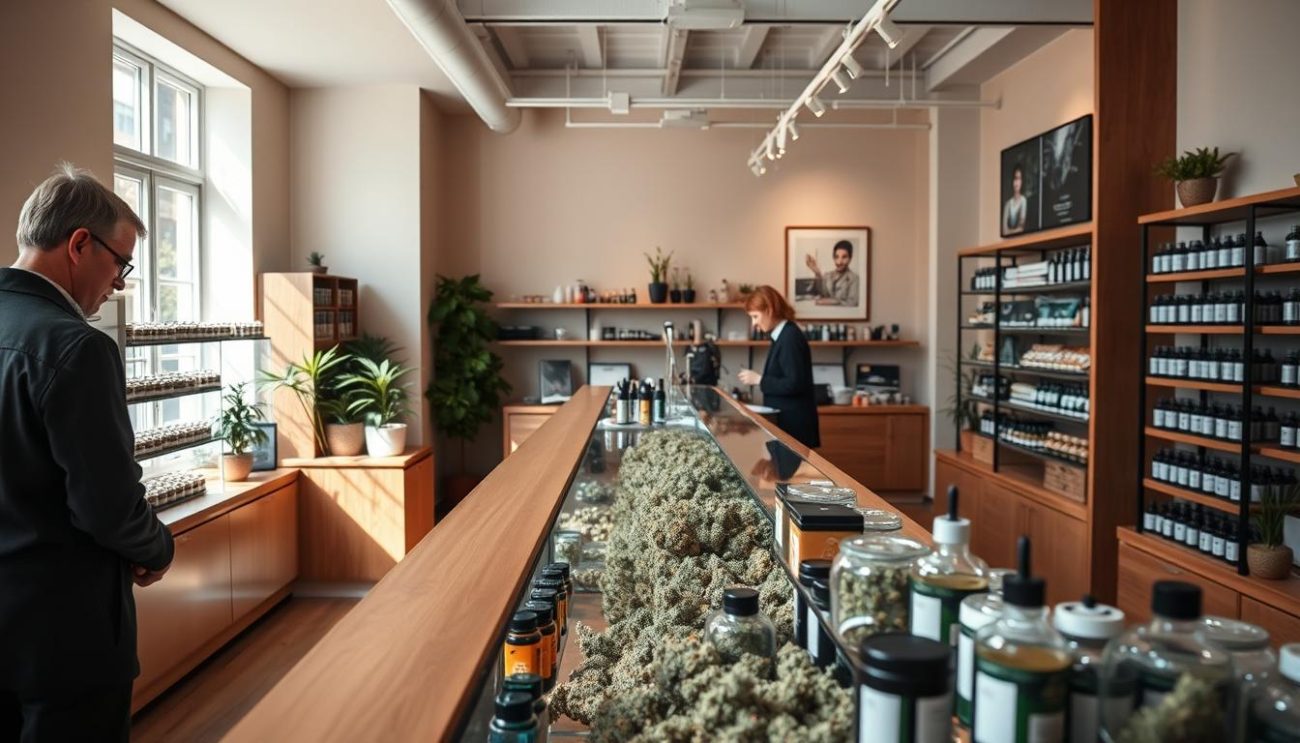 A natural, well-lit interior of a modern, stylish cannabis dispensary called "Vrije Apotheker" in the Netherlands. The foreground features a sleek, wooden counter with a variety of cannabis products neatly displayed. The middle ground showcases professional budtenders assisting customers, and the background depicts a minimalist, warm-toned decor with tasteful artwork on the walls. The overall atmosphere conveys a sense of professionalism, legality, and attention to detail, reflecting the legal and regulated cannabis industry in the Netherlands.