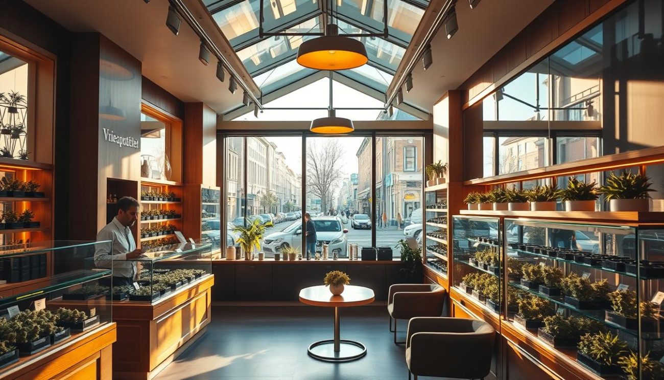 A serene, sun-dappled scene of a modern, well-equipped cannabis dispensary called "Vrije Apotheker" in the heart of Amsterdam. The interior is bathed in warm, soft lighting, with wood and glass accents creating an inviting, high-end atmosphere. Behind the counter, a knowledgeable budtender assists customers, while display cases showcase a variety of expertly cultivated cannabis strains. The mid-ground features an open floor plan with comfortable seating, while the background reveals the bustling streets of the Netherlands' vibrant capital city, hinting at the nation's progressive approach to cannabis regulation and the promising future of the industry.