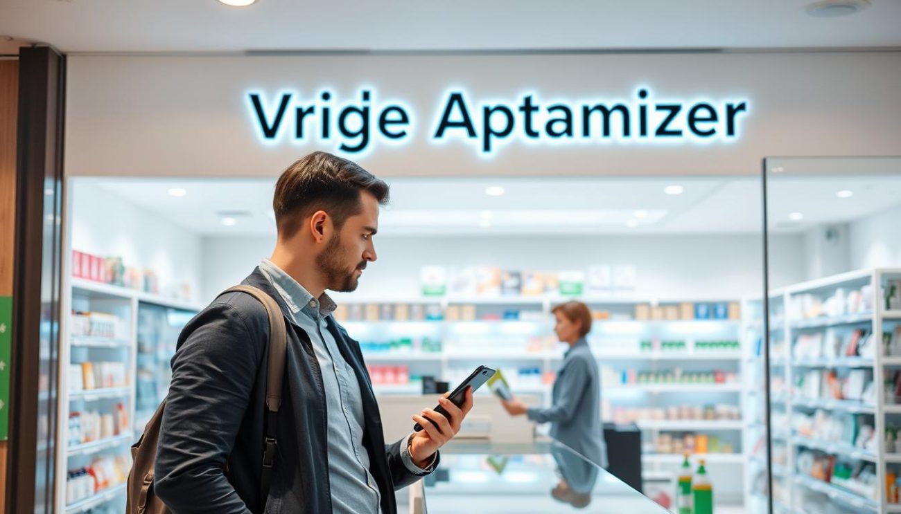 A sleek and modern pharmaceutical store front with the brand name "Vrije Apotheker" prominently displayed. The interior is well-lit, with clean lines and a minimalist design. In the foreground, a customer is standing at the counter, holding a smartphone and making a payment via Bancontact. The transaction is smooth and seamless, reflecting the store's efficient and user-friendly payment options. The overall scene conveys a sense of professionalism, trust, and customer satisfaction in the "Betalen met Bancontact" experience.
