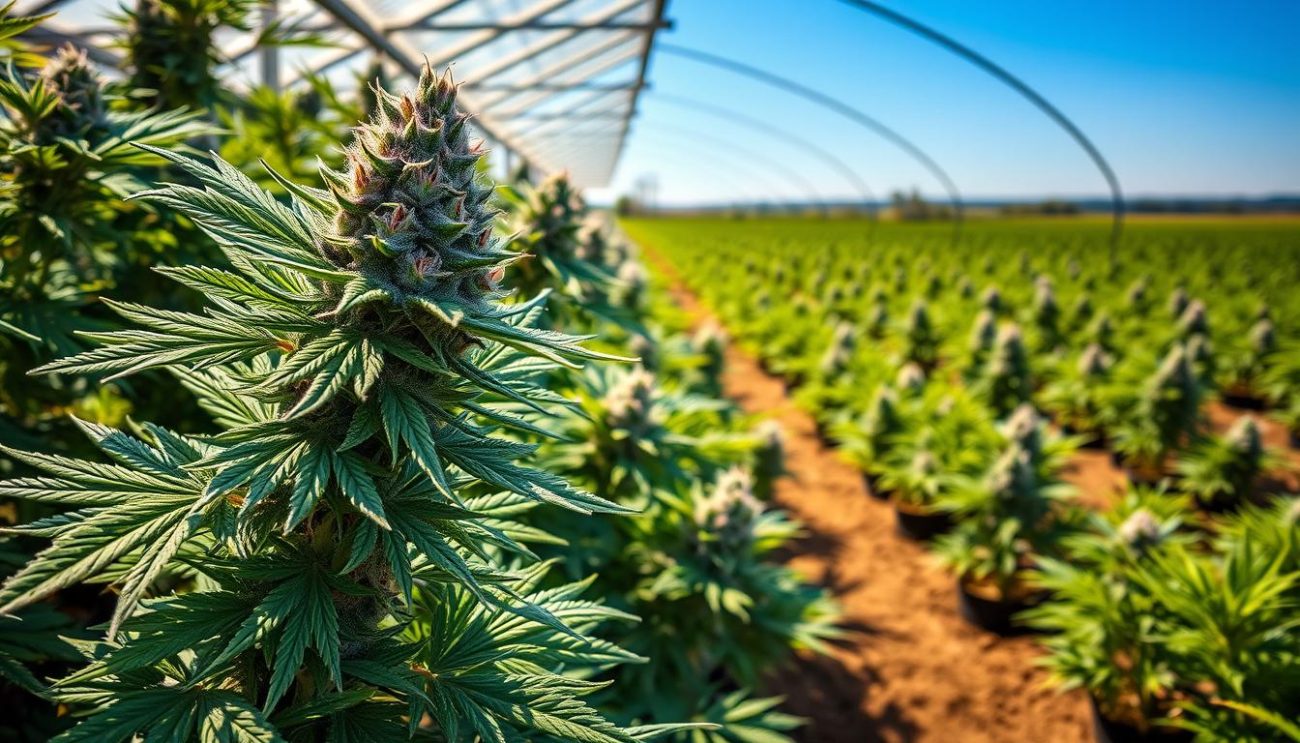 A sun-drenched greenhouse in the Belgian countryside, with rows of lush, verdant Blueberry OG Kush plants thriving under the watchful eye of the "Vrije Apotheker" brand. Delicate, lavender-tinged buds glisten with a frosty layer of trichomes, their rich, earthy aroma filling the air. The scene is bathed in a warm, golden light, casting long shadows across the well-tended soil. In the background, a hazy blue sky stretches out, hinting at the promising future of this sustainable, high-quality cannabis cultivation.
