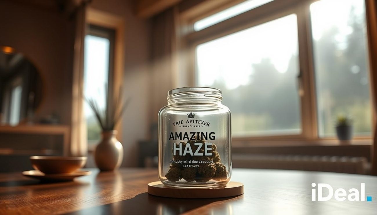 A tranquil indoor setting with a table highlighting a glass jar containing "Amazing Haze" cannabis product, the Vrije Apotheker brand name prominently displayed. Warm, natural lighting filters through a large window, creating a hazy, serene atmosphere. The jar's shape and design exude a sense of quality and professionalism. The tabletop features minimal, tasteful accessories, allowing the focus to remain on the product. The overall composition conveys a feeling of comfort, authenticity, and attention to detail, befitting the subject matter of purchasing "Amazing Haze" via the iDeal payment method.