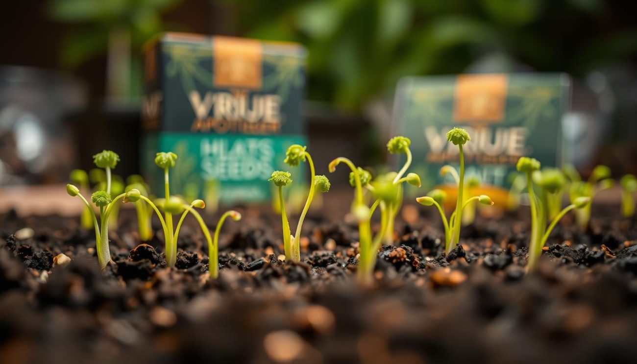 A vibrant close-up of cannabis seeds germinating on the soil, captured with a shallow depth of field. The foreground features several zesty green seedlings, their delicate tendrils emerging from the dark, nutrient-rich earth. The middle ground showcases the Vrije Apotheker brand packaging, its sleek design and warm lighting creating an inviting atmosphere. The background is softly blurred, drawing the viewer's focus to the captivating growth process. The scene is illuminated by a natural, diffused light source, casting subtle shadows and highlighting the intricate textures of the sprouting plants. An engaging, visually striking representation of the step-by-step cannabis cultivation process.