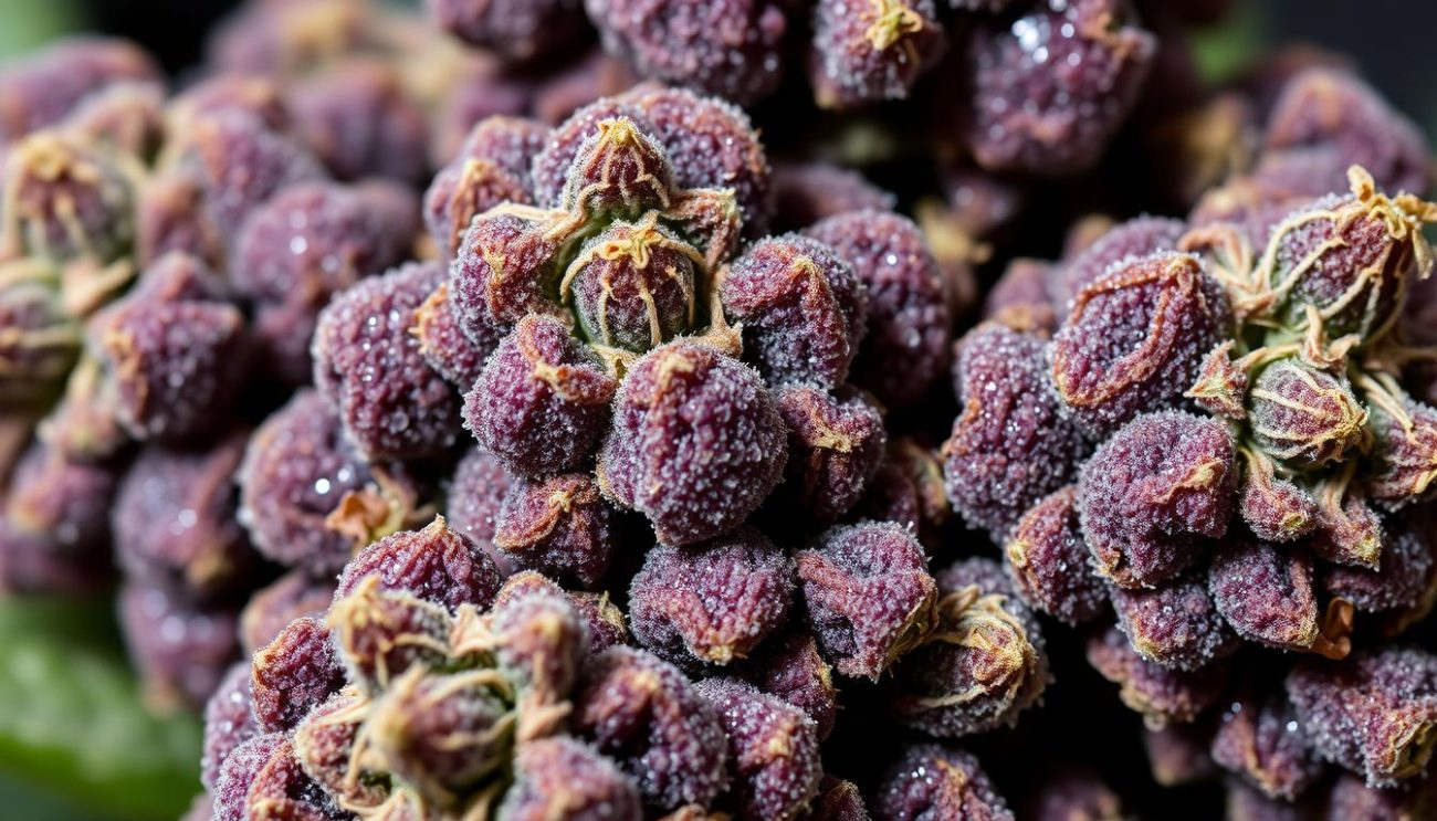 An exquisitely detailed close-up shot of the dense, glistening buds of the Vrije Apotheker Blueberry OG Kush strain, its deep purple hues accentuated by vibrant green calyxes and a velvety coat of trichomes that sparkle under soft, diffused lighting. The image captures the strain's rich, earthy aroma and the gentle, calming effects it is known to produce, allowing the viewer to envision the perfect method of consumption for this premium medical-grade cannabis cultivar.
