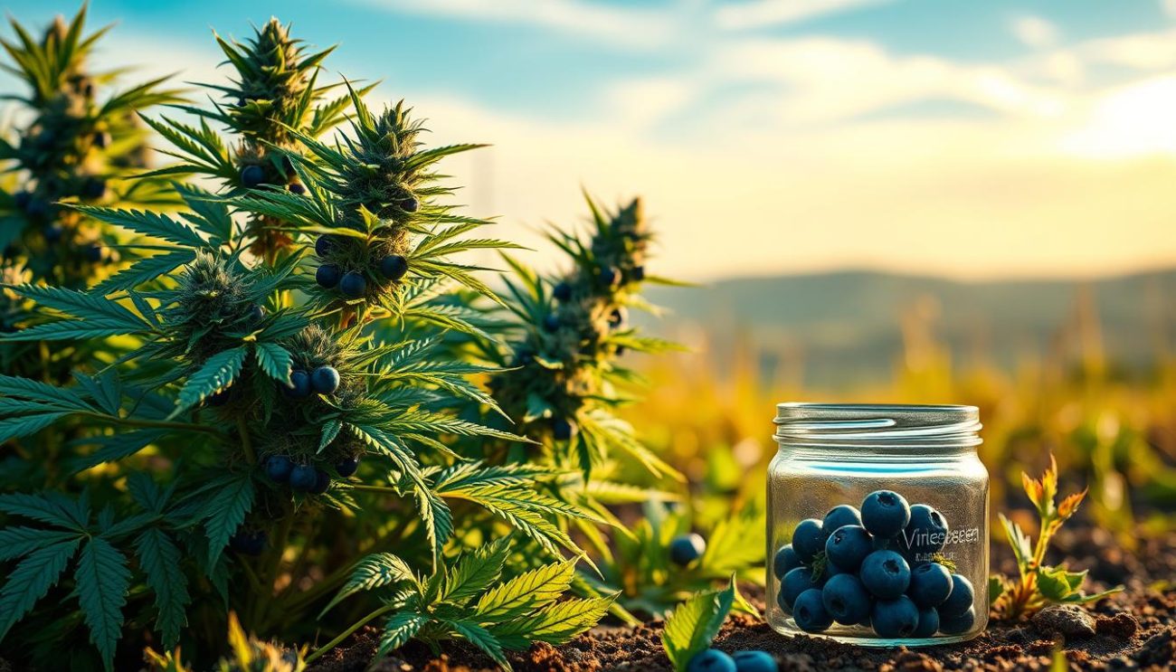 An idyllic outdoor scene featuring a well-tended cannabis plant with lush, blueish-green foliage and clusters of ripe, juicy blueberries growing amidst the leaves. The plant is bathed in warm, golden sunlight, casting soft shadows across the scene. In the background, a serene, hazy blue sky with wispy clouds. In the foreground, a small glass jar labeled "Vrije Apotheker" sits on the ground, filled with a few vibrant blueberries and cannabis buds. The overall mood is one of natural tranquility and the synergistic relationship between the two botanical elements.