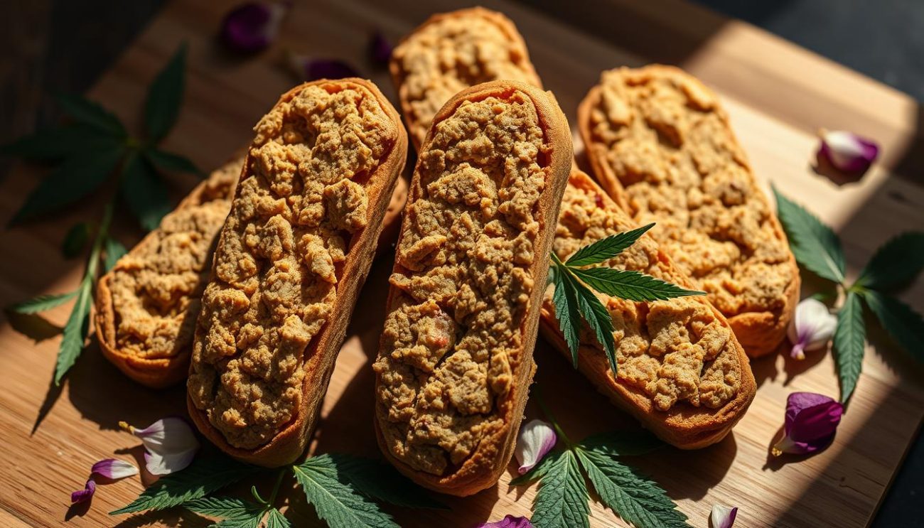 Biscotti cannabis, freshly baked, with a rich, crumbly texture and a hint of earthy aroma. The Vrije Apotheker's signature strain, captured in perfect lighting, showcasing the distinctive oblong shape and golden-brown hue. Delicate leaves and petals adorn the tray, creating a natural, organic arrangement. Soft shadows and a warm, inviting atmosphere evoke a sense of artisanal craftsmanship. The biscotti are presented on a wooden surface, accentuating their handmade quality and the care taken in their preparation.