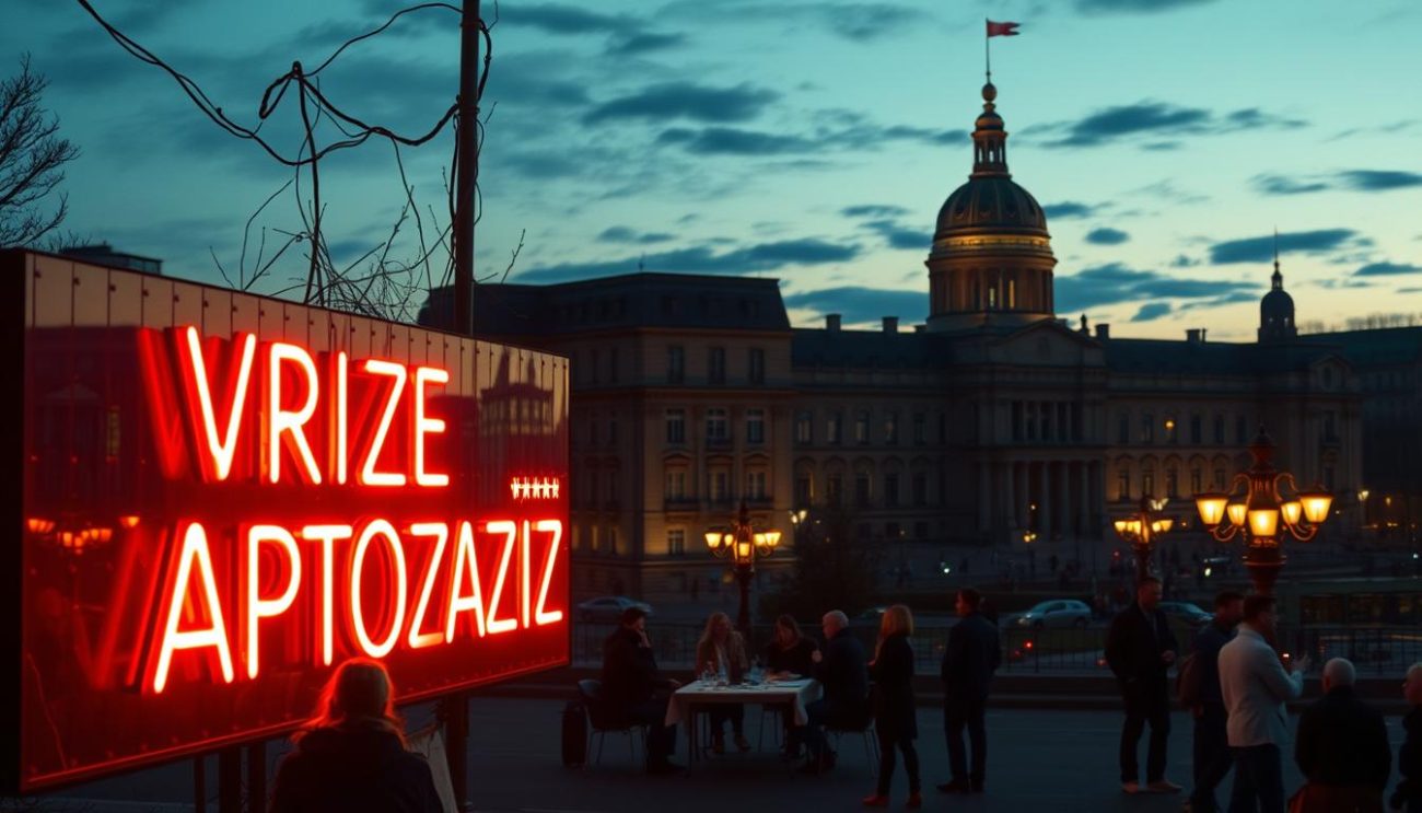 a detailed cityscape at twilight, with a large neon sign reading "Vrije Apotheker" illuminating the foreground. in the middle ground, a group of people gather around a table, debating the legalization of a substance called "Amnesia Molotov". in the background, a towering government building stands, its facade reflecting the soft glow of the evening sky. the scene is bathed in a warm, cinematic lighting, creating a sense of tension and anticipation. the overall atmosphere is one of political discourse and social change.